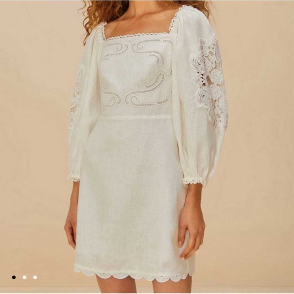 FARM Rio White Eyelet Square-Neck Mini Dress with Puff Sleeves